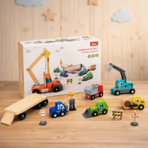 Juego camión grúa con vehículos de madera